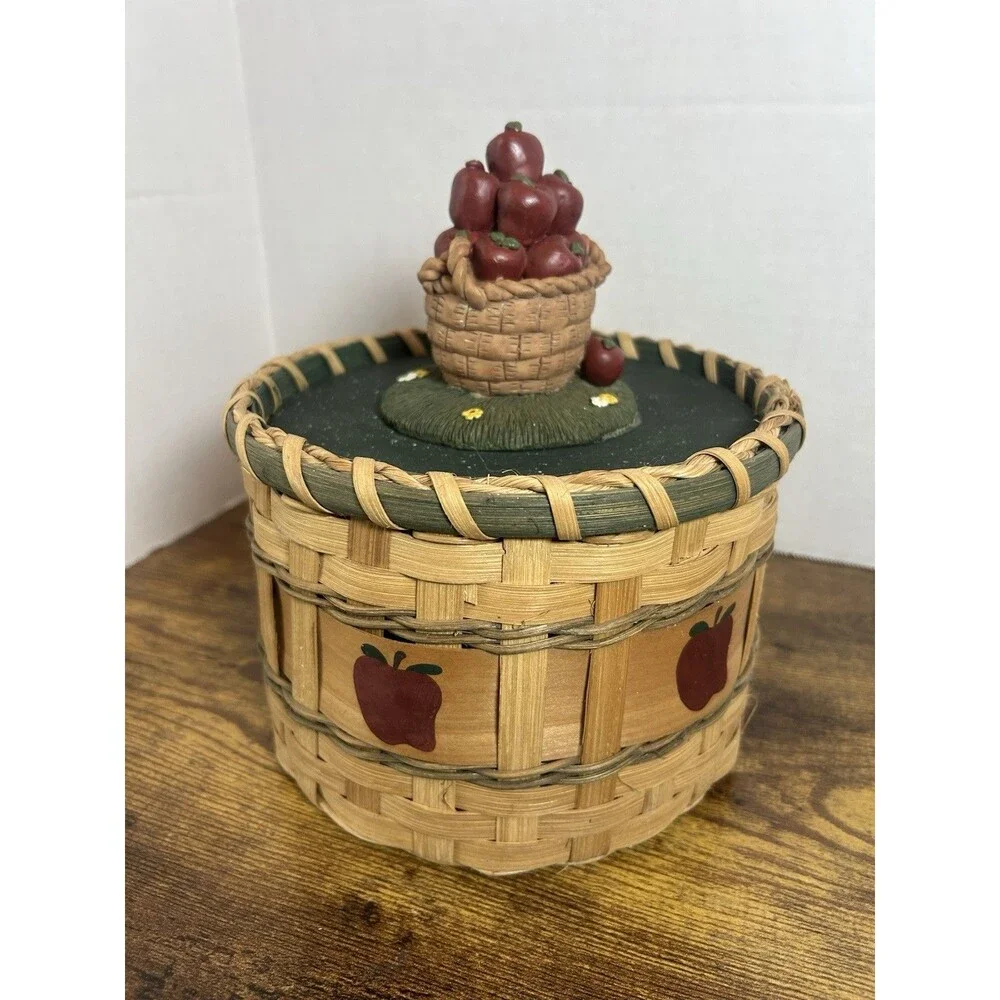 Vintage Apple Basket Cookie Jar Canister Woven Wood Country Cottage Decor Box
